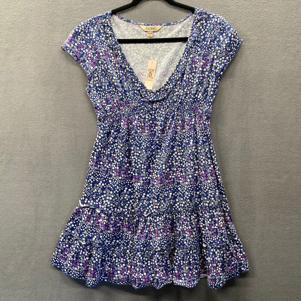 Decree Babydoll Y2K Tiered Mini Dress Juniors XL Blueโ Micro Ditsy Floral V Neck